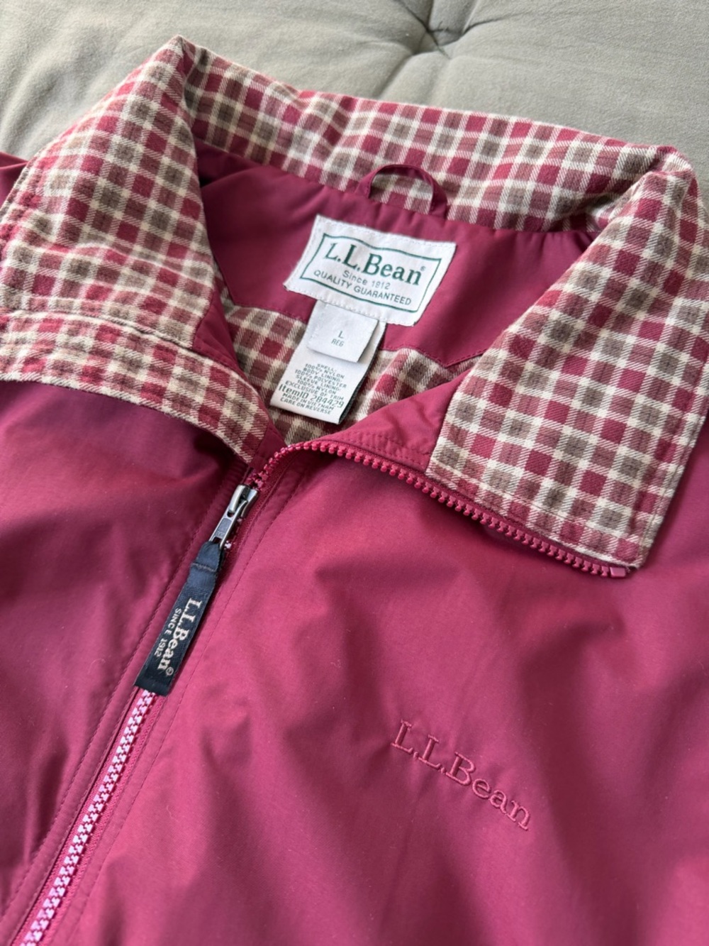 LL Bean Plaid Lined Windbreaker Red Nylon Bomber Large
